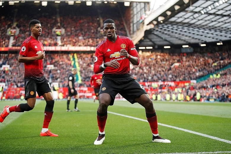 Paul Pogba celebrating scoring his second penalty in Manchester United's 2-1 Premier League defeat of West Ham at Old Trafford on Saturday.