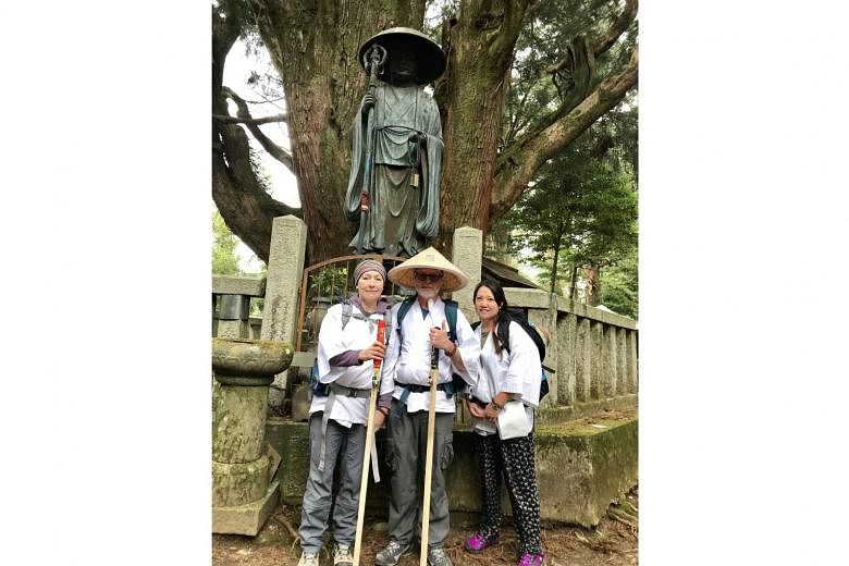 Writer Gary Hayden on the Shikoku pilgrimage with his wife Wendy (left) and their friend Lorraine. The pilgrimage is often done in four stages and the writer has completed the first one and plans to complete the remaining stages over the next twelve month