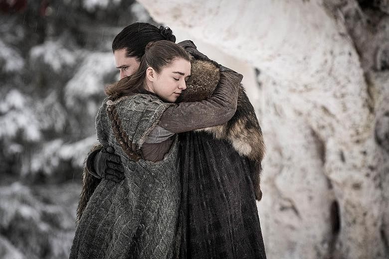 A happy reunion for Arya Stark (Maisie Williams) and Jon Snow (Kit Harington). Arya briefly mentions that she had to use the sword, Needle, which Jon had given her before they parted.