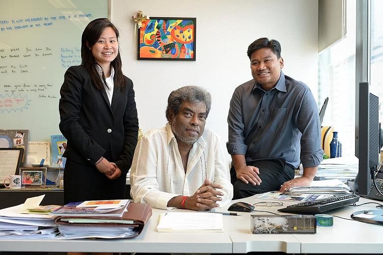 Mr Subhas Anandan (centre) with his nephew Sunil Sudheesan and lawyer Diana Ngiam at law firm RHTLaw Taylor Wessing in November 2014. Mr Sujesh Anandan (right), son of the late top criminal lawyer Subhas Anandan, is working with Mr Sunil Sudheesan at