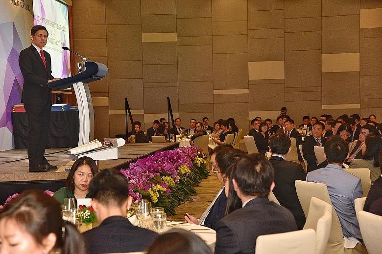 Trade and Industry Minister Chan Chun Sing giving his keynote speech at the Administrative Service Dinner and Promotion Ceremony yesterday. The public service must avoid becoming complacent and stagnant as it becomes more successful and structured, h