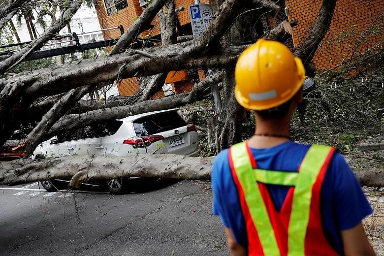 A vehicle surrounded by fallen trees in Taipei after an earthquake yesterday.