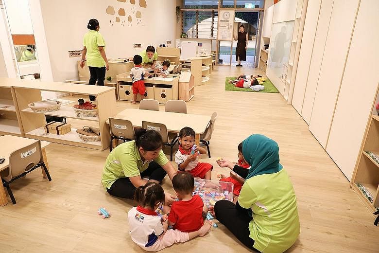 A toddler class for children aged 18 months to 24 months old in the Punggol North centre. The facility can take in 1,060 children and it now has 449 aged two months to four years old. ST PHOTO: ONG WEE JIN PCF Sparkletots' Early Years Centre in Pungg