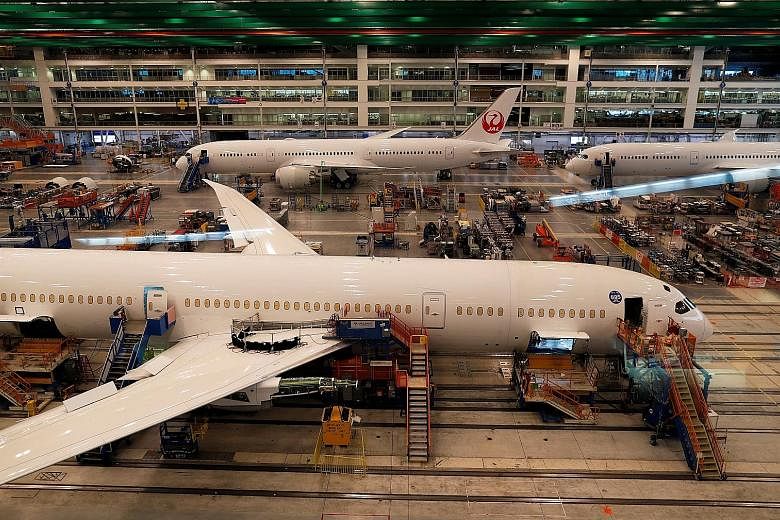 Boeing 787 Dreamliner jets getting the finishing touches in the final assembly area at the Boeing South Carolina factory in North Charleston in this March 25, 2018 file photo.