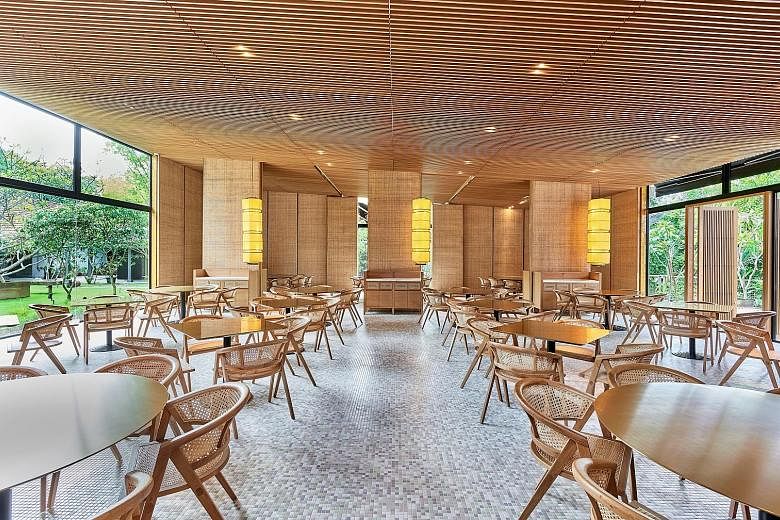 Min Jiang at Dempsey seats 158 diners in a space that incorporates wood and rattan in its timbre trellis ceiling and panelled walls.