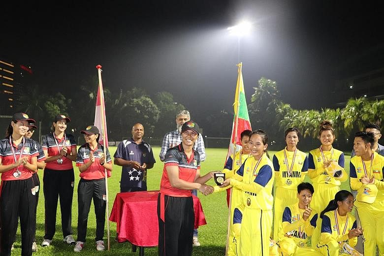 National women's cricket captain Shafina Mahesh with her Myanmar counterpart Zar Lin Win at the end of the ICC T20 International Cricket Series between their teams. The event took place at the Singapore Cricket Club from April 18 to 20. Myanmar won t