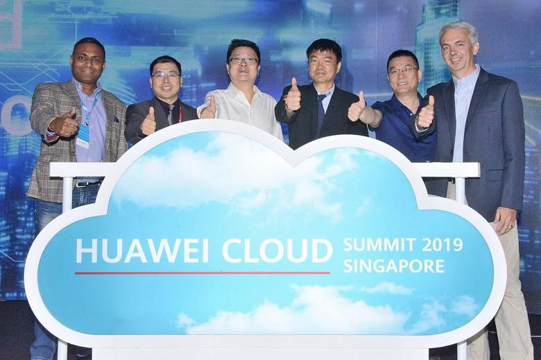 At the launch of Huawei's innovation lab here yesterday were (from left) Mr Jitu Agrawal, vice-president of digital core cloud at SAP South-East Asia; Mr Nicholas Ma, Huawei International CEO; Mr Edward Deng, Huawei Cloud Global Market president; Pro