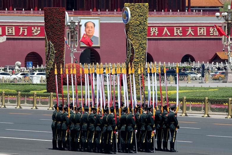 Honour guards all set for a welcoming ceremony for Mongolia's President Khaltmaagiin Battulga at the Great Hall of the People in Beijing yesterday, as the Belt and Road Forum kicked off. Nearly 40 heads of state and government, including Prime Minist