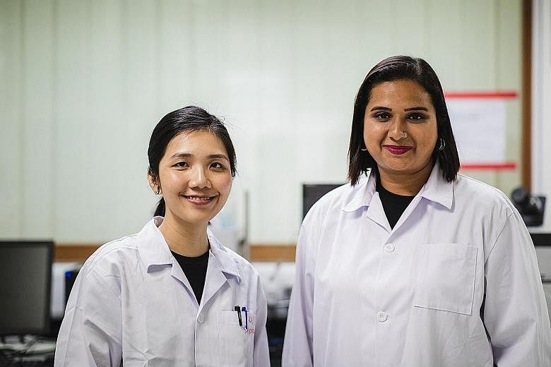 Left: Stem cell biologists Sandhya Sriram and Ling Ka Yi decided to harness stem cells for food, like lab-grown shrimp dumplings (above), launched by Shiok Meats last month.