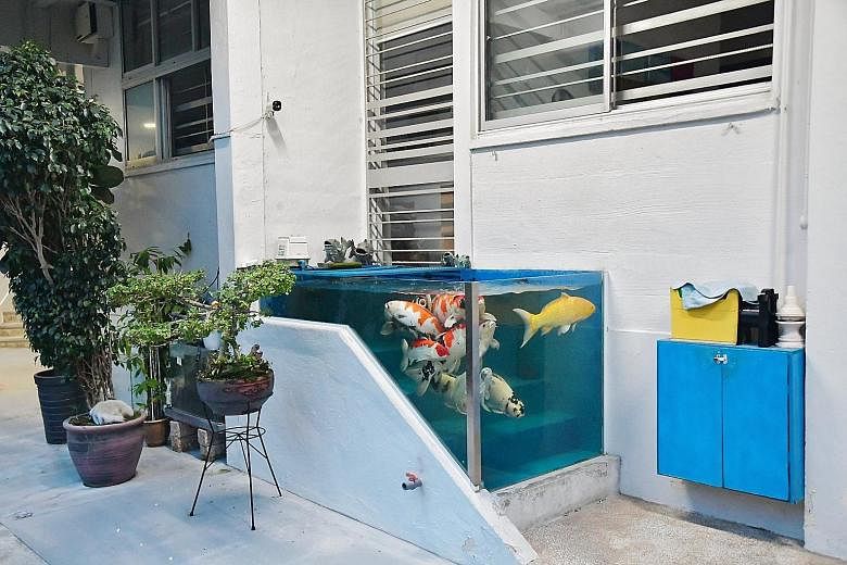 The now bare staircase landing (above) outside a Tampines flat, after a fish tank (left) built on it three to four years ago was removed this week. Citing safety reasons, the HDB said the owner could not keep it.