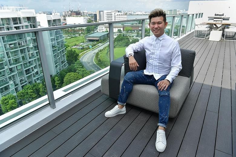 Mr Thong bought the Botannia penthouse in March 2017 for $2.42 million. The family used to live in a four-bedroom apartment in the same estate (left) before upgrading to the penthouse, which has a large roof terrace (right), where they spend time wit