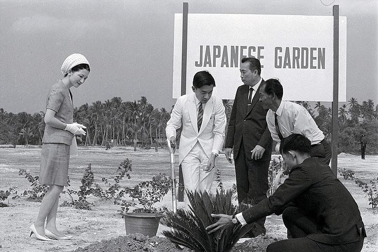 Left: Japan's then Crown Prince Akihito (second from left) and Crown Princess Michiko planting a tree at the Japanese Garden in 1970. Right: The two king sago palm trees that were planted by the couple standing tall today.