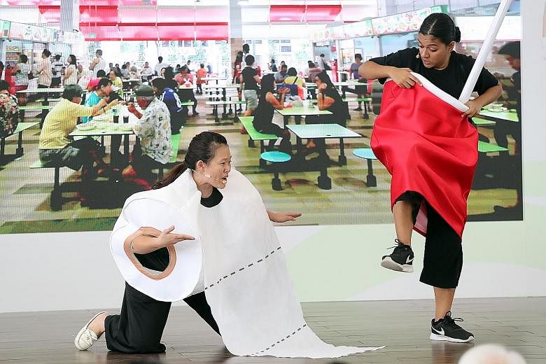 A skit being put up at the launch of the Public Hygiene Council's "Keep Clean, Singapore" campaign yesterday at Bedok Town Square.