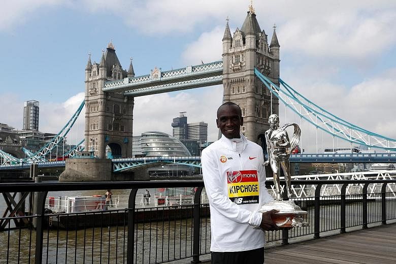 Eliud Kipchoge owns the two fastest times in the marathon. He set the world record of 2hr 1min 39sec last year in Berlin and his winning time at Sunday's London Marathon was 2:02.37, which is No. 2 on the all-time list. PHOTO: REUTERS