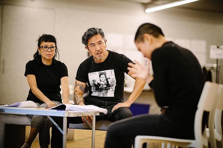 Actor Adrian Pang (centre) during rehearsals with Pam Oei for This Is What Happens To Pretty Girls. The play is fictional but playwright Ken Kwek interviewed more than 100 women, as well as some men accused of inappropriate sexual behaviour, before p