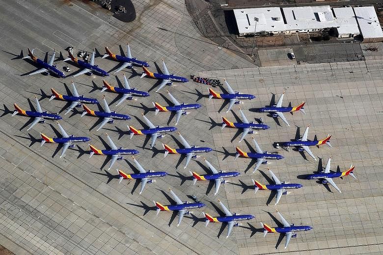 Southwest Airlines' Boeing 737 Max aircraft parked at the Southern California Logistics Airport in Victorville, California, in March, following global grounding of the model after two fatal accidents in five months. The grounding is weighing on Boein