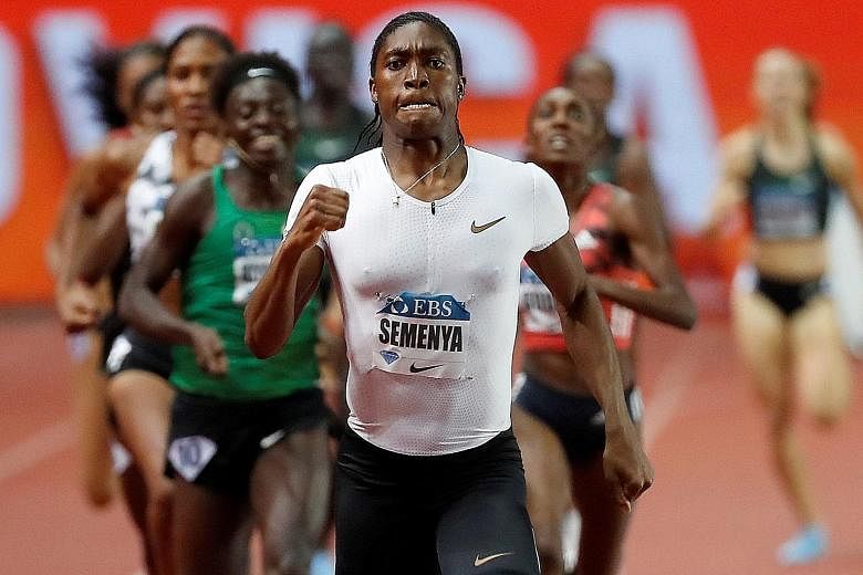 South Africa's Caster Semenya romping to victory in the 800m event in Monaco last year. The IAAF regulations require middle-distance female athletes with high natural levels of testosterone, like Semenya, to take hormone suppressants. PHOTO: REUTERS