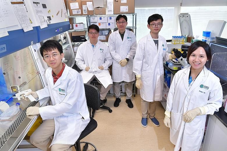 (From left) CytoMed Therapeutics' senior research scientist Richard Zha, 28, chief operating officer Tan Wee Kiat, 32, chief scientific officer Zeng Jieming, 46, research officer Du Zhi Cheng, 24, and manager Evelyn Tan, 31. The start-up deals in cel