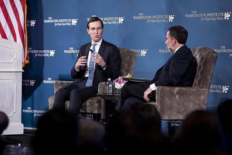 Senior White House adviser Jared Kushner speaking with Washington Institute for Near East Policy executive director Robert Satloff on Thursday. Mr Kushner said his team has spoken to the Palestinian business community and ordinary residents and belie