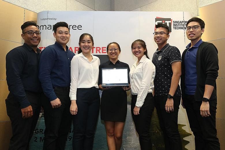 The team of first-year nursing students - (from left) Abdul Rafi Abdul Rahman, 26; Kang Xun, 25; Joanne Chua, 23; Lui Zhi Ting, 22; Ang Zi Qing, 21; Koh Thong Wu, 24; and Tan Hong Da, 24 - came up with the winning design after observing that nurses a