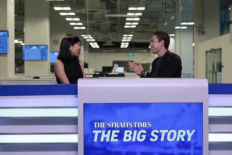 ST travel correspondent Clara Lock chatting with multimedia journalist Hairianto Diman about couch-surfing in Singapore during the first episode of The Big Story yesterday. The talk show will be broadcast every weekday.
