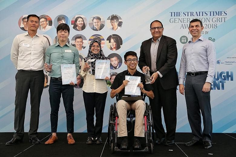 The Straits Times Generation Grit Award 2018 winners (from second from left) Thomas Liao, Zulayqha Zulkifli and Wong Zi Heng with Minister for Communications and Information S. Iswaran at the award ceremony yesterday. With them are Swiss Re's Singapo