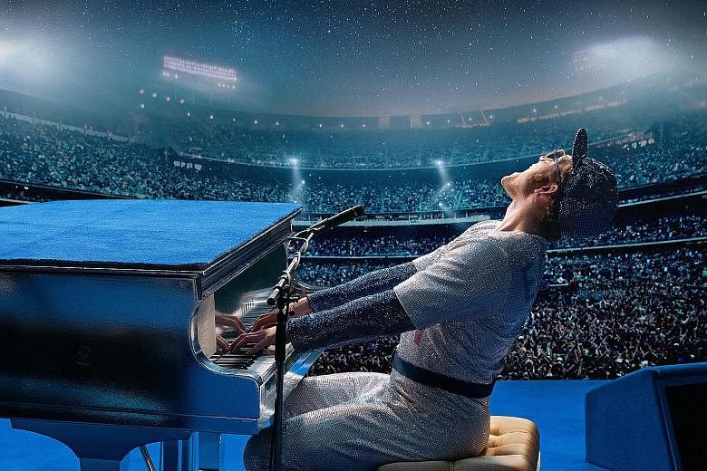 Actor Taron Egerton (top) plays rock legend Elton John (above) in Rocketman (left), which is debuting at Cannes Film Festival this month.