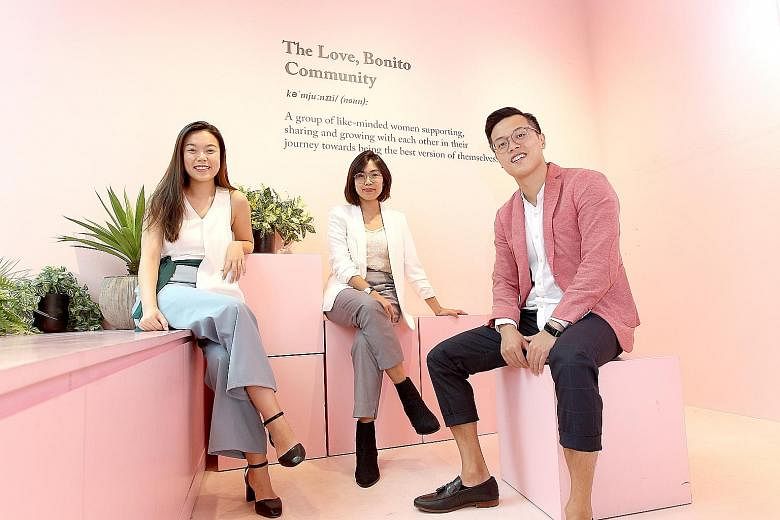 (From left) Love, Bonito's people executive Goh En Qi, head of business development Cindy Moy, and head of people and culture Brandon Lee. The home-grown company started using HR technologies last year to outsource the processing of medical claims an