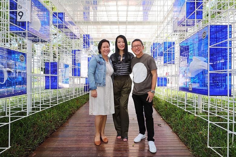 From left: Curator Chang Yueh Siang with creative directors Beatrice Chia-Richmond and Michael Chiang at the Emporium of the East, which features giant, 3D-printed replicas of trading goods.