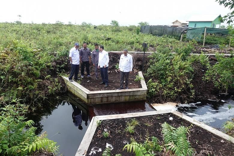 Peatland Restoration Agency head Nazir Foead (centre in white shirt), with other officials, inspecting a dam at a peatland drainage canal in Seponjen, South Sumatra, which was badly burned during the 2015 fires that blanketed the region in haze.