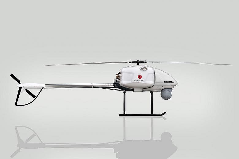 The Discovery unmanned helicopter by Belgian company Flying-Cam was showcased at the International Maritime Defence Exhibition and Conference Asia. The helicopter is about 3m long, with a cruising speed of about 25m per second.