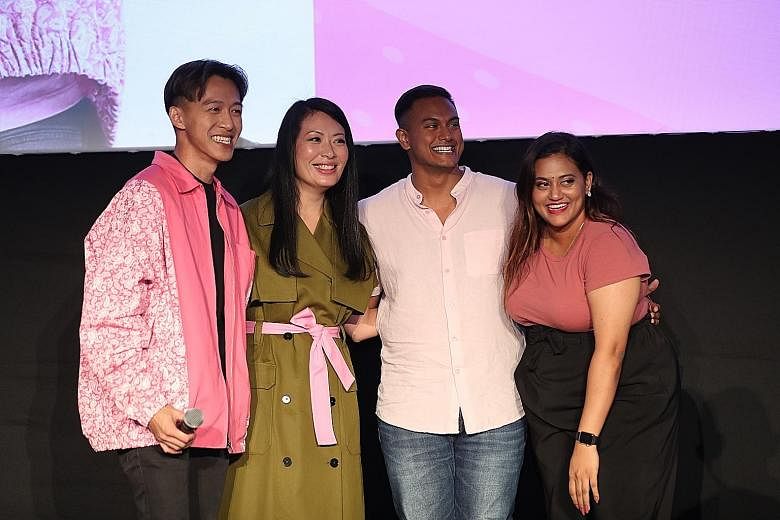 (From left) Actor Tosh Zhang with fellow Pink Dot 11 ambassadors - actress and theatre director Beatrice Chia-Richmond, rapper Subhas Nair and prominent local YouTuber of "Preetipls" fame Preeti Nair. Zhang's discriminatory tweets from 2010 to 2013 s
