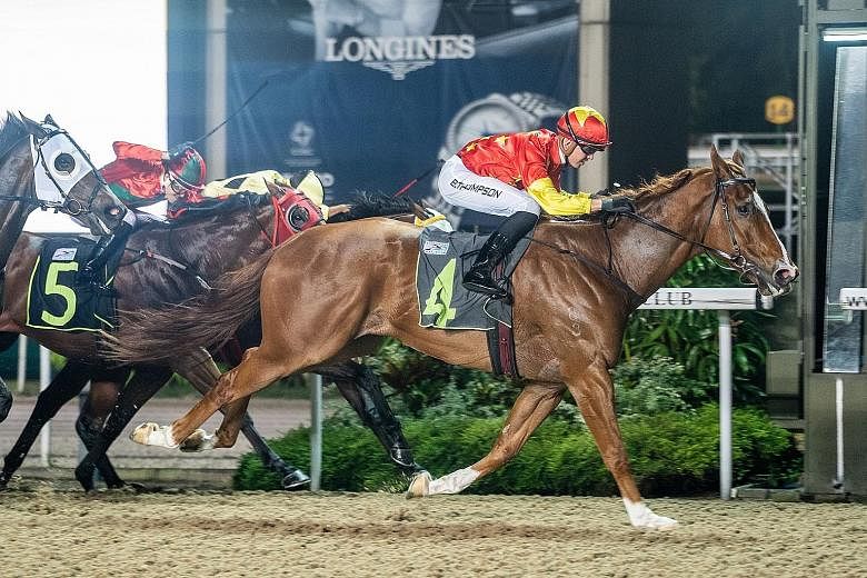 Skywalk returning triumphant for his eighth success in Race 6 at Kranji last night after a break.