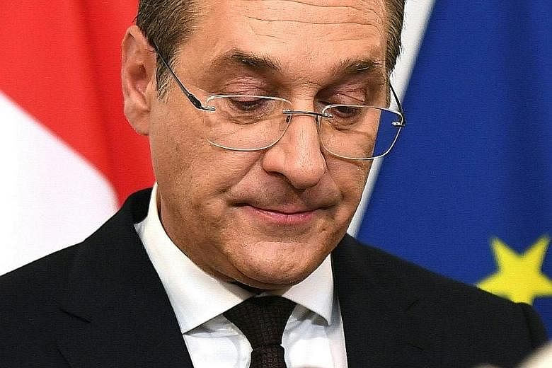 Vice-Chancellor Heinz-Christian Strache resigned after the sting video was released. PHOTO: DPA Austrian President Alexander Van der Bellen (left) and Chancellor Sebastian Kurz delivered a press statement after their meeting yesterday morning. Mr Van