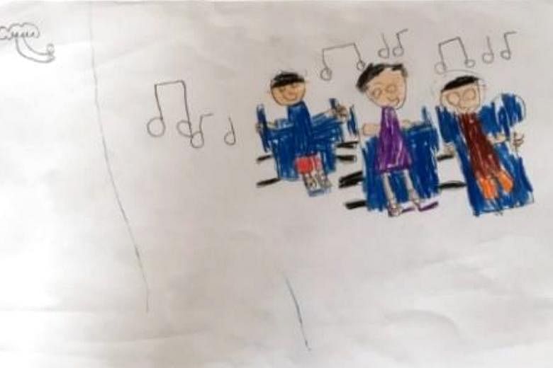 A five-year-old child drew a lone figure (left) when asked what came to mind when thinking about the elderly. After months of interacting with seniors from a nursing home, the same child drew them singing together (below). PHOTOS: MY FIRST SKOOL AND 