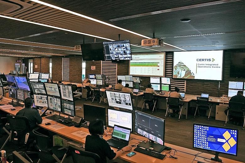 At the Certis Integrated Operations Centre at Changi Airport, thousands of cameras help staff monitor the passenger terminals, airport perimeter and Airport Boulevard. The firm is also looking into the feasibility of body-worn cameras for ground staf
