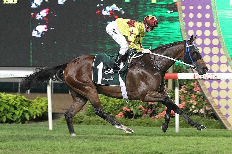 Southern Legend, the $8 favourite with Zac Purton astride, beat Blizzard by 21/2 lengths in a near course-record of 1min 33.61sec. Singapore Sling, the other Hong Kong runner, was third. ST PHOTO: SALWA SUANDI