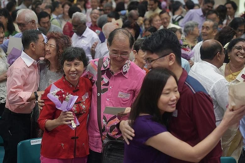 These couples were among the 90 pairs who renewed their wedding vows at a Singapore Bicentennial celebration event held at Teck Ghee Community Club yesterday. The newest married couple tied the knot two months ago, while one couple has been married f