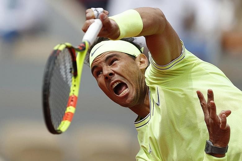 Rafael Nadal displaying his usual dominant form on clay in his straightforward win over Yannick Hanfmann yesterday.