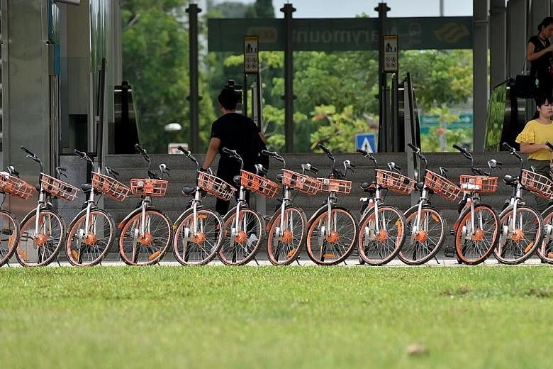 A row of Mobike two-wheelers outside Marymount MRT station. No concrete date has been set as to when Mobike will exit the Singapore market.