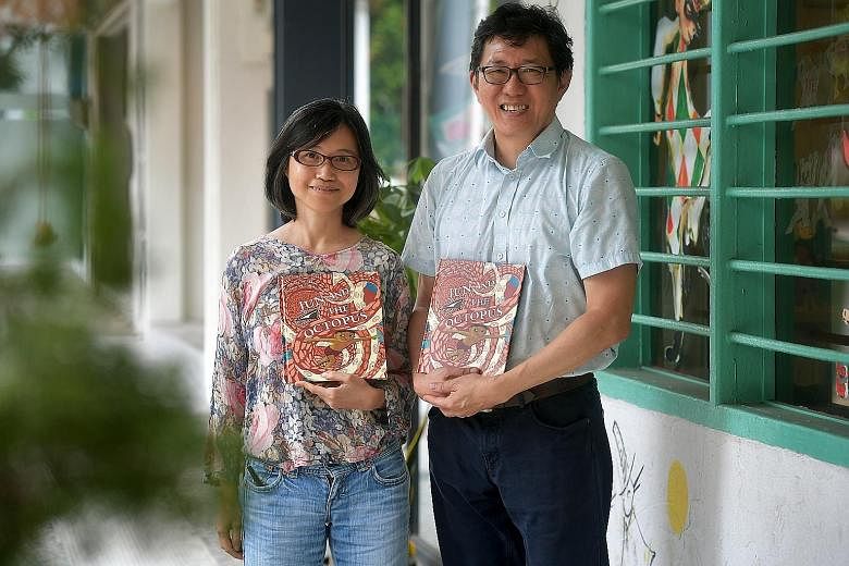 Author Goh Eck Kheng and illustrator Lim An-ling with the Singapore Children's Society's child sexual abuse prevention storybook titled Jun And The Octopus. Launched yesterday, it is targeted at parents and educators, and encourages them to discuss t