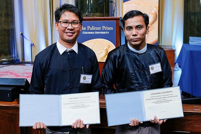 Mr Wa Lone (left) and Mr Kyaw Soe Oo were released this month after being jailed for more than 500 days in Myanmar. Before they were arrested in December 2017, they had been working on a story on the killing of 10 Rohingya Muslim men and boys.
