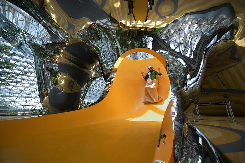 Left: One of the four slides at Canopy Park's Discovery Slides attraction, designed as an art sculpture as well as a space for play. Centre: The hedge maze, one of the park's two mazes spread out over 500 sq m. Below: Four-year-old Oliver Sim catchin