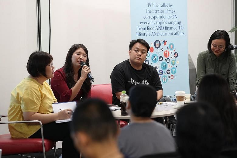At the session were (from left) ST senior social affairs correspondent Theresa Tan, caregiver Ju Ann Thong, Character and Leadership Academy founder Delane Lim and employment specialist Azlin Amran of SPD.
