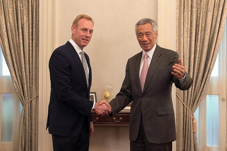 US Acting Defence Secretary Patrick Shanahan calling on Prime Minister Lee Hsien Loong at the Istana yesterday. They reaffirmed the excellent and longstanding relations between Singapore and the US. ST PHOTO: ALPHONSUS CHERN