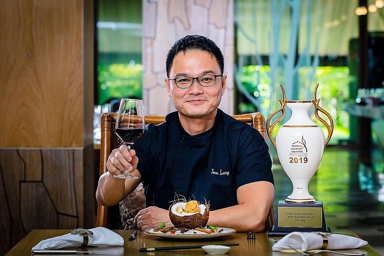 The special six-course menu curated by celebrity chef Sam Leong (right) of Forest includes his Ah Sam Abalone Mee Sua (above). PHOTOS: RESORTS WORLD SENTOSA