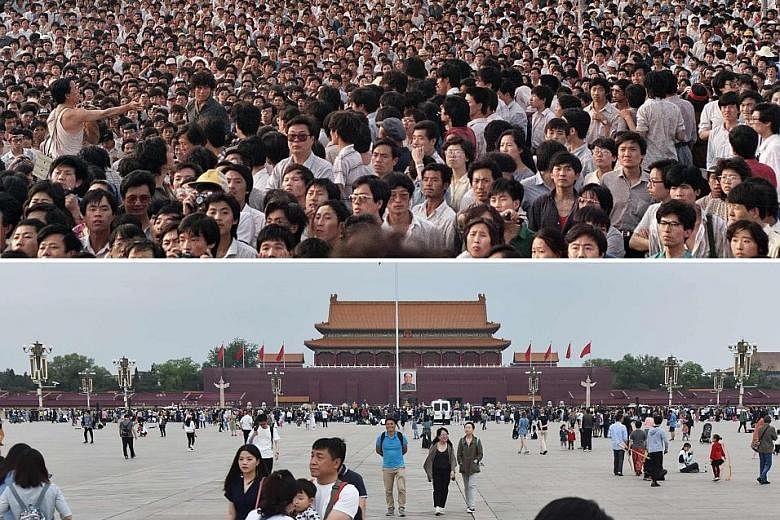 A file photo taken on June 2, 1989, showing pro-democracy protesters gathered near the Goddess of Democracy statue at Tiananmen Square in Beijing. The Tiananmen Mothers have so far compiled a list of 202 people who were killed in the protest. Members