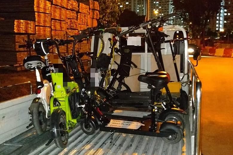 Some of the personal mobility devices impounded by the LTA. The authority said it spotted 31 offences during the operation, which took place in Hougang, Telok Blangah and Tiong Bahru.