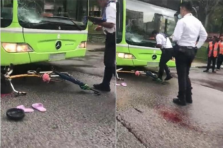 The accident took place in Yuan Ching Road shortly after noon on Tuesday. The 45-year-old cyclist was unconscious when she was taken to the National University Hospital. PHOTO: LIANHE WANBAO READER