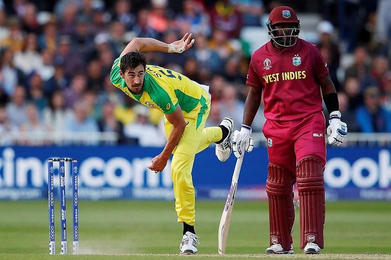 Australia's Mitchell Starc bowling against West Indies in their World Cup match at Trent Bridge, Nottingham. He took five wickets in Australia's tough 15-run win, while fellow fast bowler Nathan Coulter-Nile, though without a wicket, managed a superb